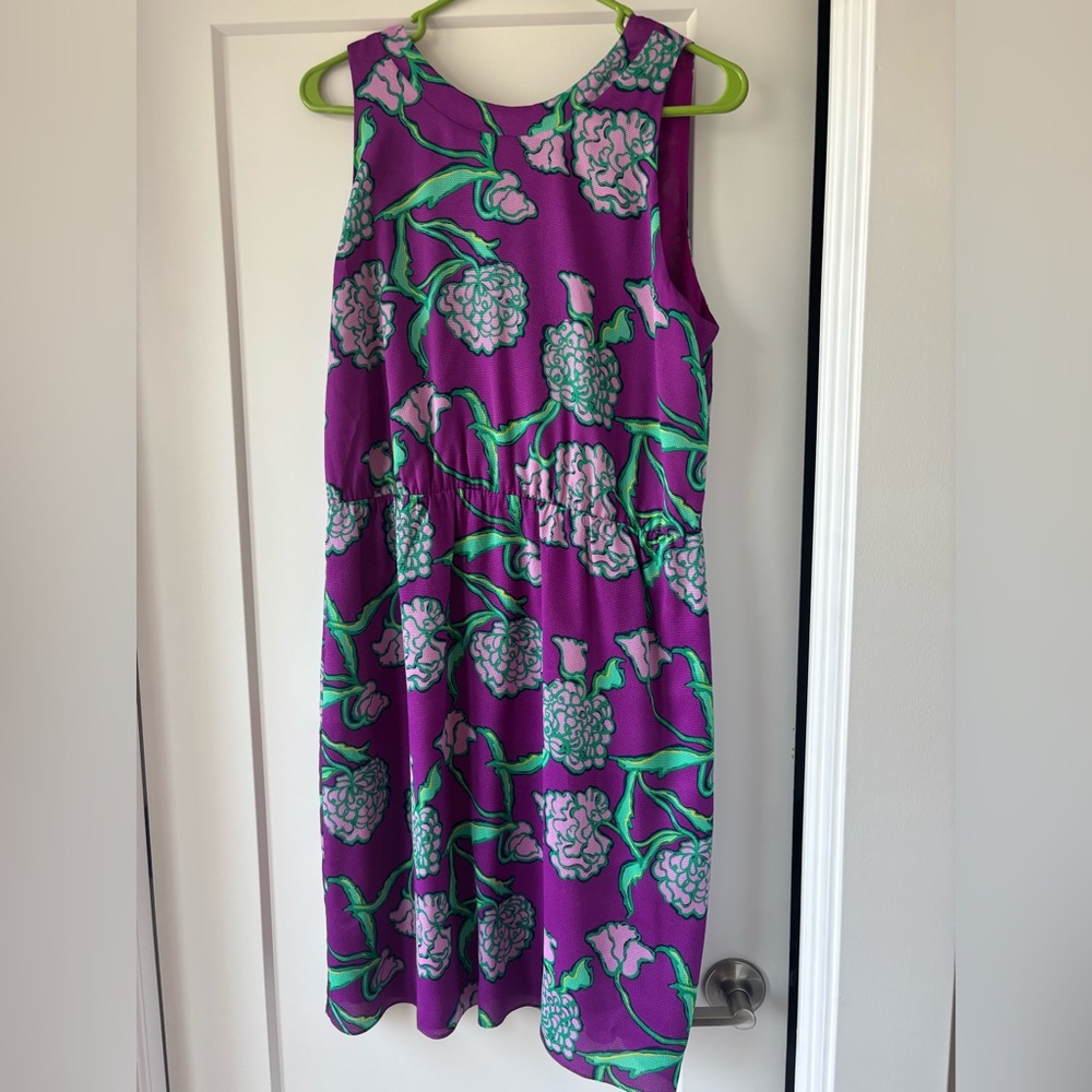 Lilly Pulitzer Harper dress in purple and green hollyhock print with ruffle back